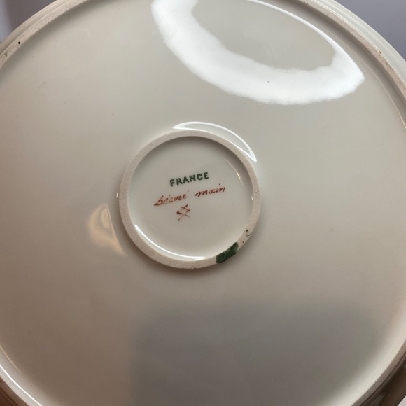 Two Vintage France Plates Hand Painted Floral Green & Gold Accents About 8” Wide - Picture 12 of 15